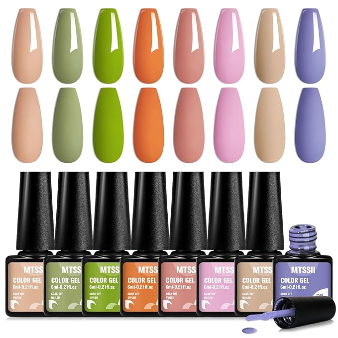 MTSSII Gel Nail Polish Set Fall Colors, 8 Colors Nude Green Earth Tone Pink Orange Blue Gel Polish Kit Soak Off LED French Nail Art Manicure Starter Salon DIY Nail Gift for Women