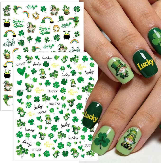 10 Sheets St. Patrick's Day Nail Art Stickers Green Shamrock Nail Stickers 3D Self-Adhesive Spring Nail Decals Four-Leaf Clover Rainbow Gnome Hat Designs Lucky of Irish Nail Decorations for Women DIY