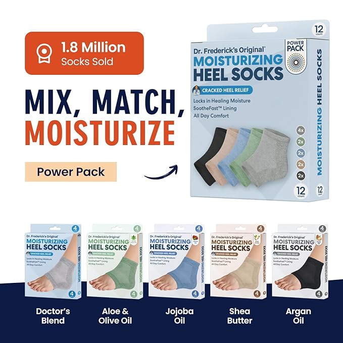 Dr. Frederick's Original Moisturizing Heel Socks for Dry Cracked Heels Treatment - 6 Pairs - Infused with Naturally Nourishing Oils and Butters - Valentines Day Gifts for Her & Him - Power Pack