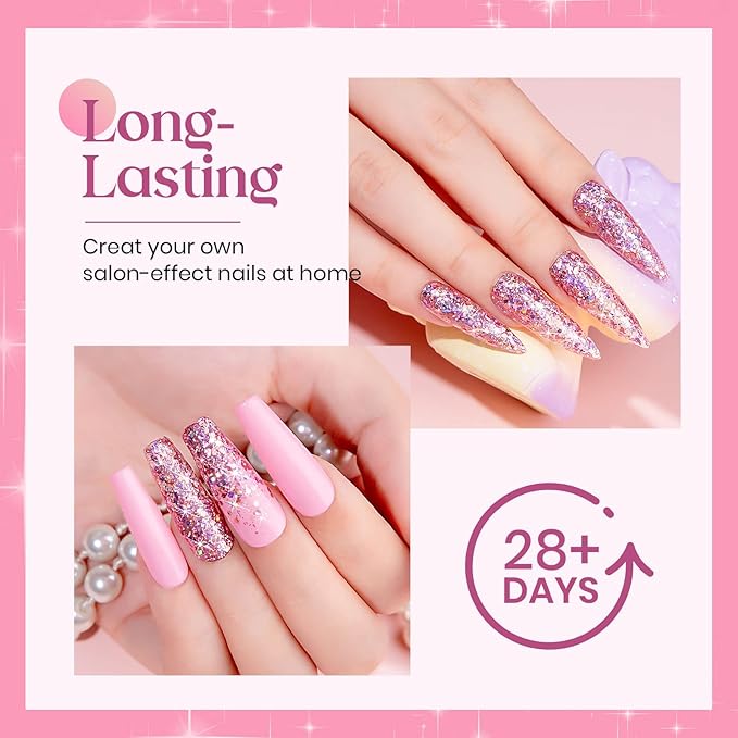 MIZHSE Glitter Gel Nail Polish Pink Sparkly Diamond Holographic Effect Soak off UV LED Gel Polish Chunky Gels Home DIY Salon Nails Art Design