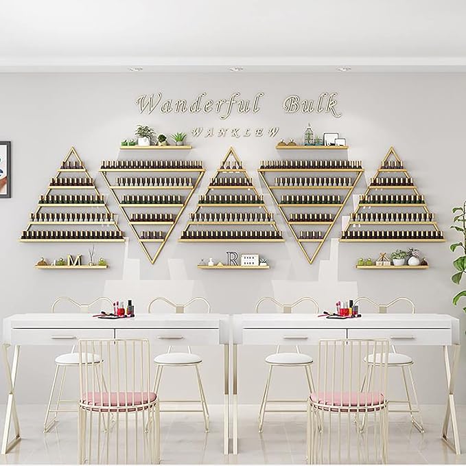 Wall mounted Metal Nail Polish Display Rack,Triangle Nail Polish Bottle Storage Holder,nail polish Essential Oil Perfume Organizer Floating Shelf Ledges Combination for Nail Salon Shop/Retail Shop