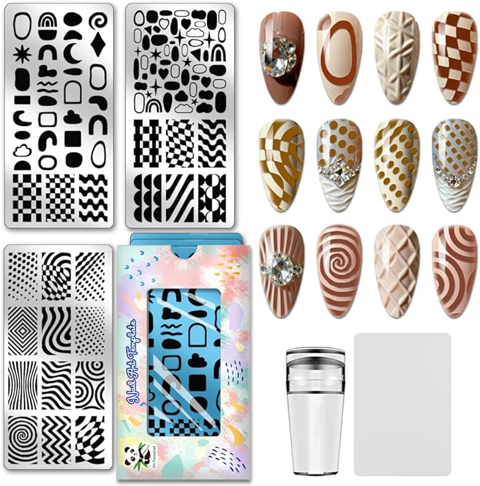 PH PandaHall 3pcs Geometric Texture Nail Stamping Plates Wave Line Nail Art Templates Checkered Dots Manicure Art Stencils Heart Star Nails Design Stamp for Women Manicures Salon DIY Printing