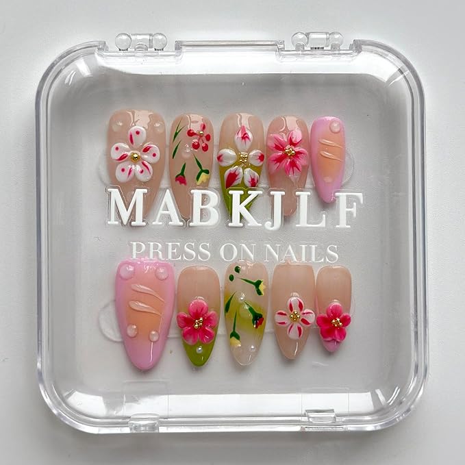 Luxury Press on Nails Medium Almond Handmade 3D Unique Reusable ABS Material Fake Nails French Tip False Nails with Designs Pink Flower Water Ripple Glossy Glue on Nail Thick Acrylic Nail(S)