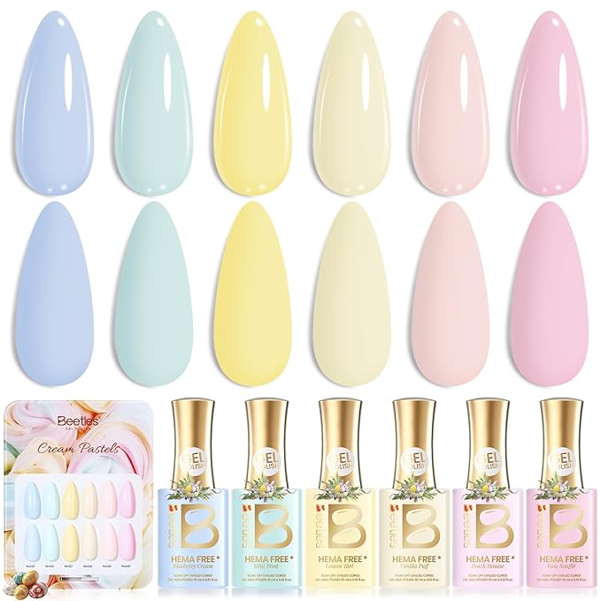 beetles Pastel Gel Polish Set- Cream Patels HEMA-Free Gel, 6 Colors 15ml Pastel Yellow Pink Blue Spring Shades, Salon-Quality Long Lasting Soak Off UV LED Nail Gel with Swatch Card