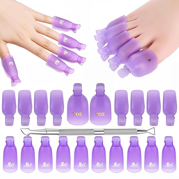 Makartt Nail Polish Remover Clips Kit, 20PCS Reusable Nail Soak Off Clips for Fingers & Toes, Acrylic & Nail Remover Tools, Double-Ended Cuticle Pusher, Fast, Mess-Free Gel Removal at Home or Salon