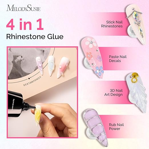 MelodySusie Rhinestone Glue Super Strong Gel Nail Glue for 3D Sculpting Nail Art Design Chrome Powder Decals Decor Need UV/LED Cured 30g (Pack of 2)