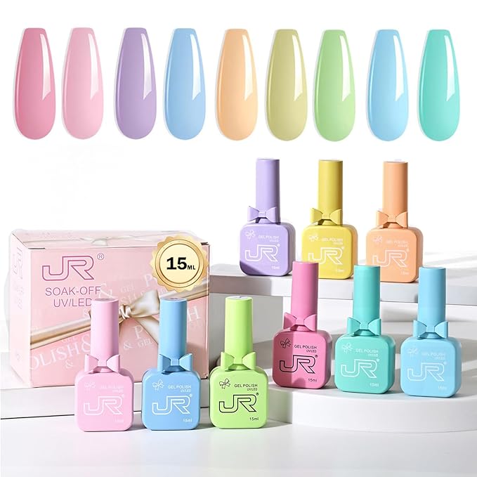 JR 9pcs 15ml Summer Color Gel Nail Polish Set Including Red Pink Nude Gel Polish Kit UV LED Soak Off Polish Home DIY Gift D