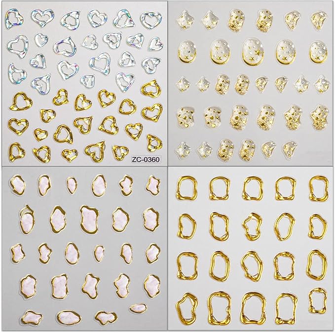 5D Gold Embossed Nail Art Stickers Crystal Soft Glue Irregular Geometric Frames Nail Stickers Sliver Hollow Designs Nail Decals Supplies Self Adhesive Stickers DIY Acrylic Nail Accessories