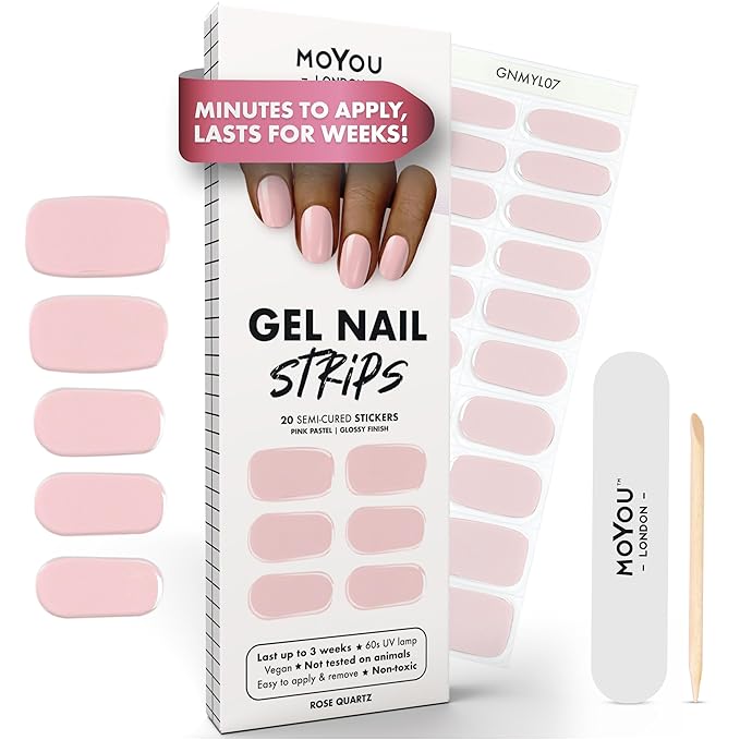 MOYOU LONDON Semi Cured Gel Nail Strips - 20 Pcs. Waterproof Gel Nail Wraps, Cures in Sunlight or UV/LED Lamp, Lasts Up to 2+ Weeks, Stretchable, Easy to Apply & Remove, Vegan & Cruelty-Free