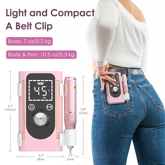Electric Nail Drill 45000 RPM, Professional Rechargeable Nail File Kit, Portable Nail Drill Machine, Acrylic Nail Kit, Touch Screen Control, for Any Manicure, Pedicure, Pink