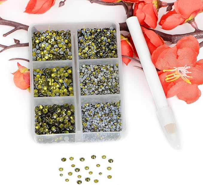 Bymitel Hotfix Crystal Rhinestones Round Gems for Crafts,Mixed 6 Sizes with Wax Pencil Kit, Olivine 1.3-3.2mm(SS3-SS12/8000pcs)