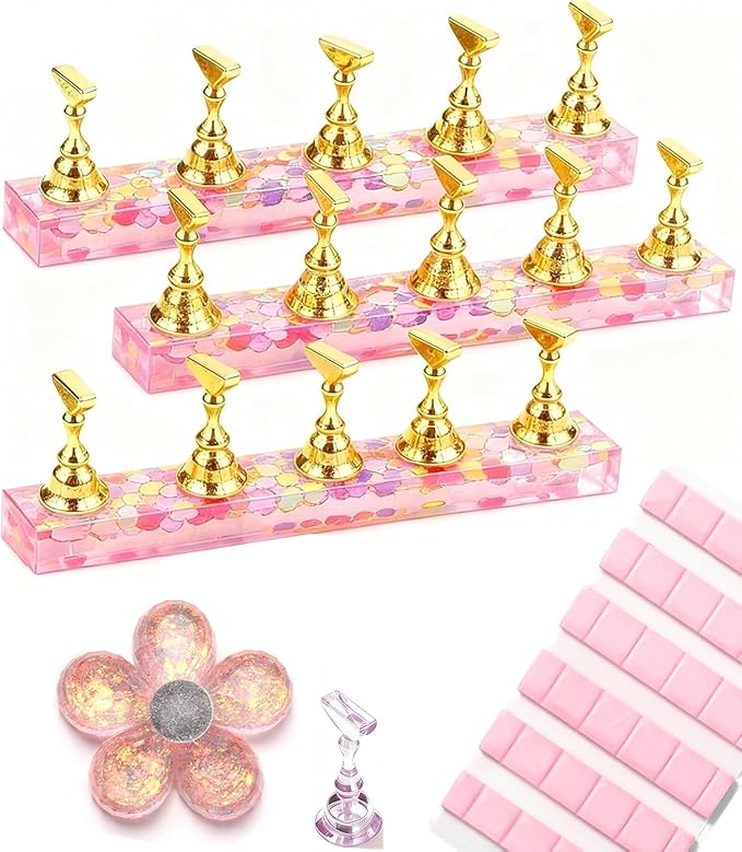 Nail Stand for Press On Nails – 3 Set Acrylic Nail Holders For Painting Nails, 15 Nail Stand, 30Pcs Adhesive Putty Clay, 1 Flower Shaped Base & Tweezer – Nail Art Practice Kit for Salon & Home