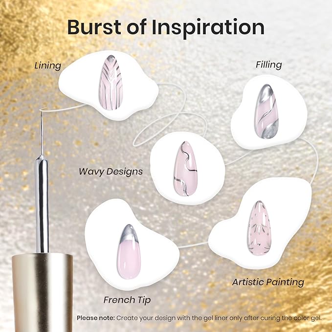 Beetles Gel Liner Nail Polish Set Metallic Silver Gold 2pcs Gel Nail Polish Art Chrome 3D High-Gloss Effect for Nail Paint Design with Thin Brush DIY French Manicure Gifts for Women