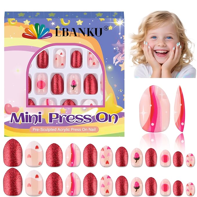 EBANKU 24 Pieces Kid Fake Nail Kit, Almond Press on Nails for Kids Lovely Heart Press on Nail Short Artificial False Nail Kits for Kids Girls