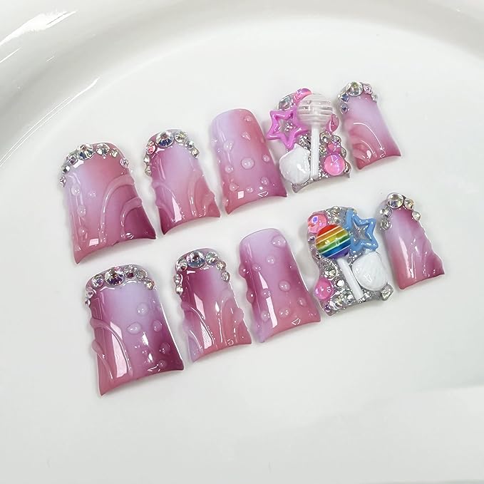 10Pcs Medium Handmade Press on Nails Duck Fake Nails Purple Ombre Full Cover False Nails Press Ons with 3D Rhinestones Designs Acrylic Stick on Nail for Women Manicure (Size M)