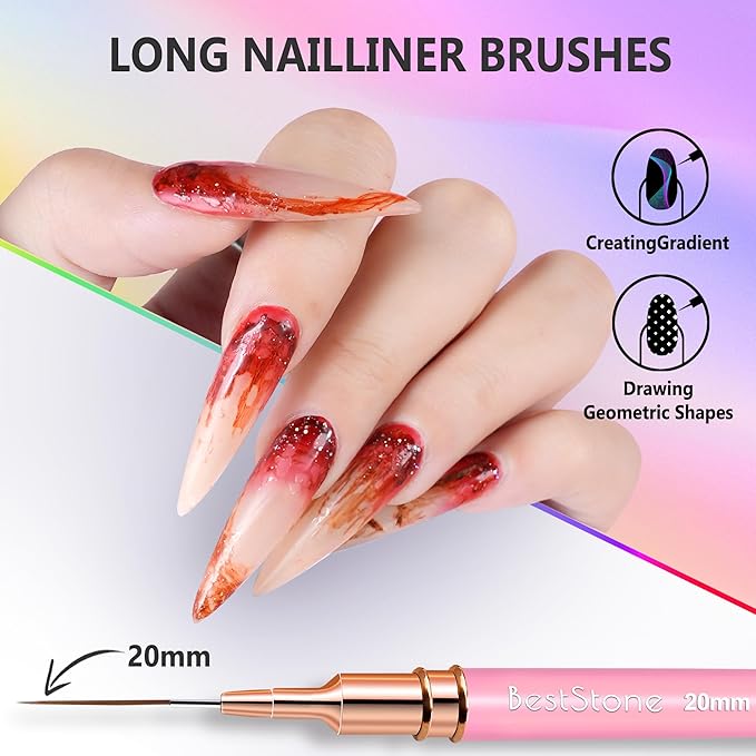 Nail Art Liner Brushes, 5Pcs Professional Gel Polish Painting Art Design Pen Set for Long Lines, Thin Details, Fine Drawing Sizes 5/7/9/11/20mm Nail Art Design Gift for Women(Pink)