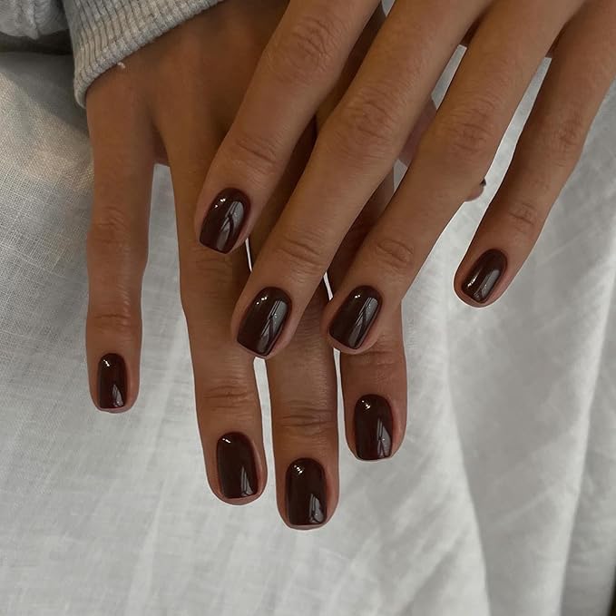 Brown Press on Nails Short Square - Natural Gel Glue on Acrylic, 48Pcs Thick Reusable Fake Nails for Women, Coffin Artificial New Solid Color