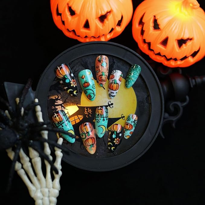 Halloween Press on Nails with Stars Moon and Pumpkin Pattern, Almond Fake Nails, Glossy False Nails, Full Cover Acrylic Stick on Nails for Women DIY Manicure Decoration 24 Pcs