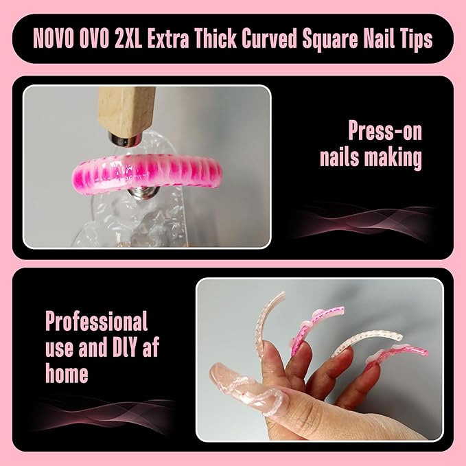 NOVO OVO Halloween Curved Nail Tips Press on Full Cover, Extra Curve Square Gel x Thick Long XL XXL Acrylic Fake Nails Extension kit, Clear Pre-etched French False Nail 12 Sizes 240pc QUEEN SQUARE PRO