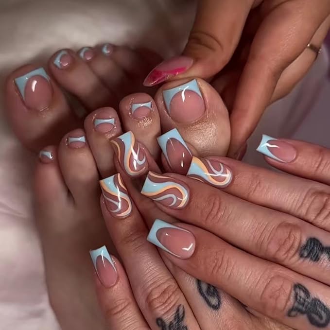 48Pcs Medium Square Press on Nails Blue French Tips Press on Toenails Swirl Fake Nails with Orange Blue Curve Line Design Glossy Skintones Fake Toenails Summer False Nails Kit for Women Girls Manicure