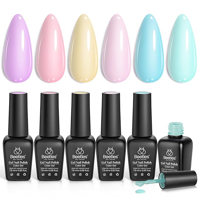 Beetles Pastel Gel Polish Set - 6 Colors Pink Yellow Blue Green Purple Soak Off Nail UV Lamp Gel Nail Kits Decorations Nail Art Gifts Easter