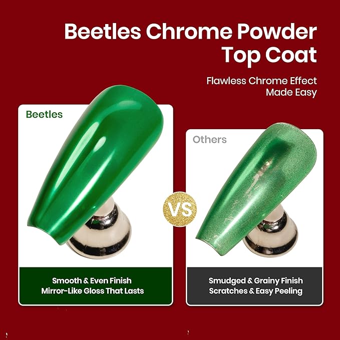 Beetles Gel Top Coat for Chrome Nail Powder, 15ml Chrome Top Coat,15ml Matte Top Coat with Red Green Mirror Chrome Powder Shiny Gloss No Wipe Long Lasting Soak Off Nail Lamp for Nails Art