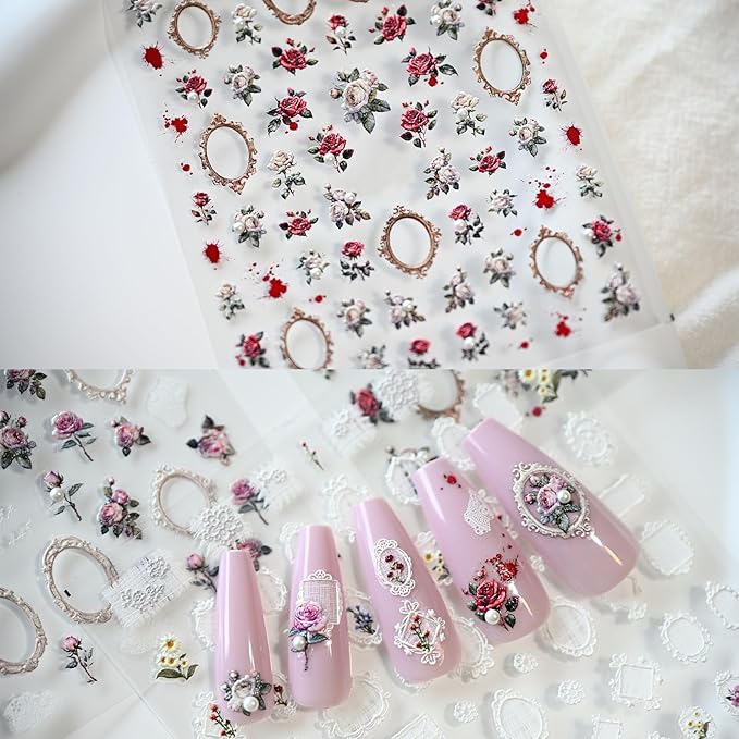 Rose Flower Frame Nail Art Stickers Pearl Rhinestones Embossed Vintage Nail Decals for Nail Art Design Self-Adhesive Nail Accessories for Women Nail Art Supplies 3 Sheets