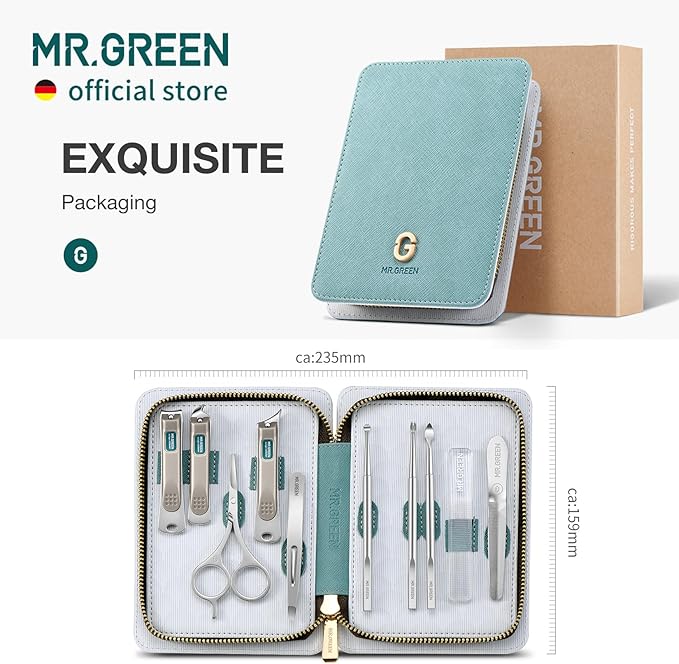 MR.GREEN Fashion Imprint Manicure Sets Professional Nail Clipper Set Personal Care Tool Kits Nial Cutter Gift With Leather Case (Green(10Pcs Set))