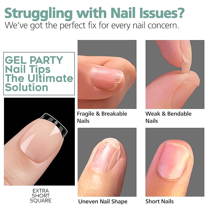 GELPARTY Soft Gel Nail Tips Extra Short Square (XS) - 240Pcs Pre-Buffed Matte Full Cover Tips - Active Length, No Filing Needed, Soak Off Gel Extension System - Clear False Nails (12 Sizes)