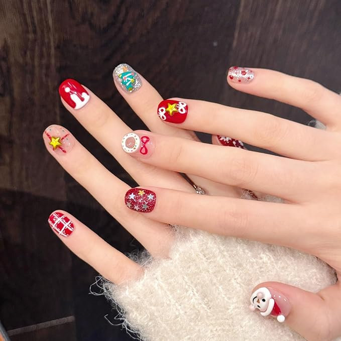 10Pcs Handmade Christmas Press on Nails Short Square Fake Nails Multi-Layer Acrylic False Nails with Snowman Snowflake Star Design Cute Handmade Nails Press ons Winter Xmas Glue on Nail for Women (M)