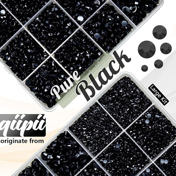 Pure Black Jelly Resin Flatback Rhinestones w B7000 Glue for Bedazzling Crafting 2-6mm Flatback Gems Diamonds Bedazzler Kit Charms for Nails Face Eyes Makeup Tumblers Bottles DIY Crafts Shoes
