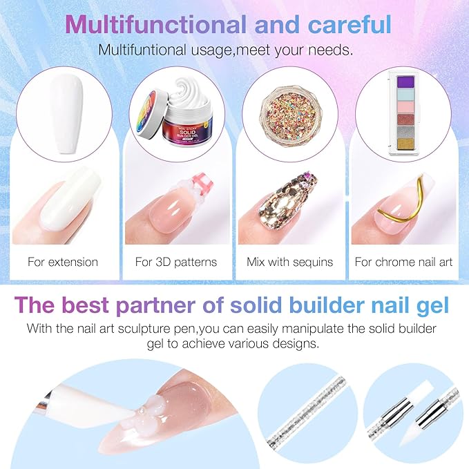 60g Solid Builder Nail Gel with 3D Sculpting Mold, Non-Sticky Hand Carving Gel for Nail Art Extension - Hard Gel for DIY & Salon, UV/LED Cured, Large Capacity (Pearl White)