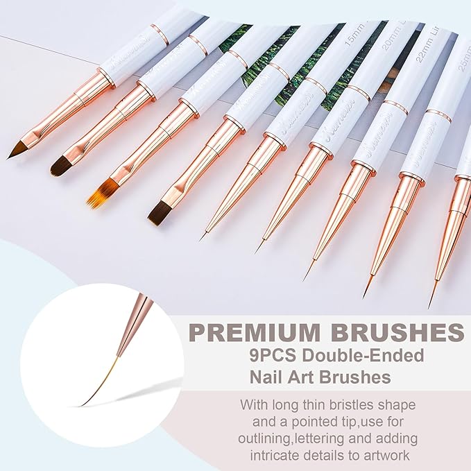 Nail Art Brush Set, 9PCS Double-Ended Acrylic Liner Brush Dotting Pen for Gel Polish, Nail Design Tools for Professional Manicure DIY Home Salon