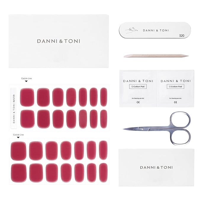 DANNI & TONI Semi Cured Gel Nail Strips Deep Red (Sheer Cherry) Solid Color Gel Nail Wraps 28 Stickers