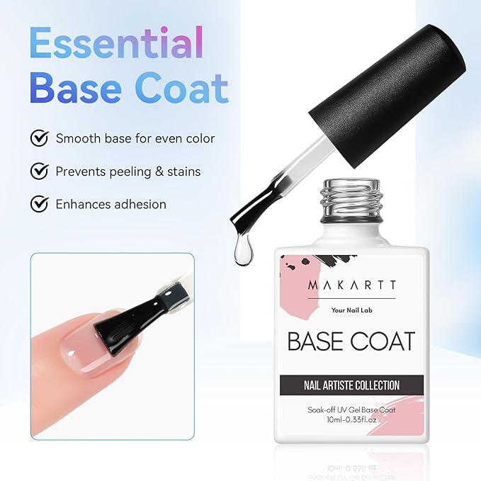 Makartt 2 Pcs Gel Top Coat and Base Coat Set - No Wipe Shine Finish Soak Off Base Top Coat Long Lasting for Gel Nail Polish, LED UV Lamp Needed, Salon Quality Nail Manicure Spring Gifts, 10ML