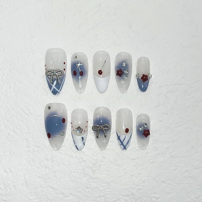 Light Blue White French Press on Nails Medium Almond with 3D Charms Bow Rhinestone Cherry,10Pcs Sweet Girls Summer with Full Kit(S)