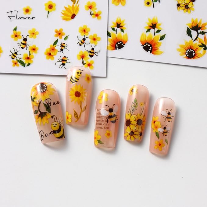 Stickers para Uñas Nail Stickers Self-Adhesive Sticker Butterfly Flower Calcomanías para Uñas Bee Colorful Floral Art Design Accessories Hight Quality 8 Sheets