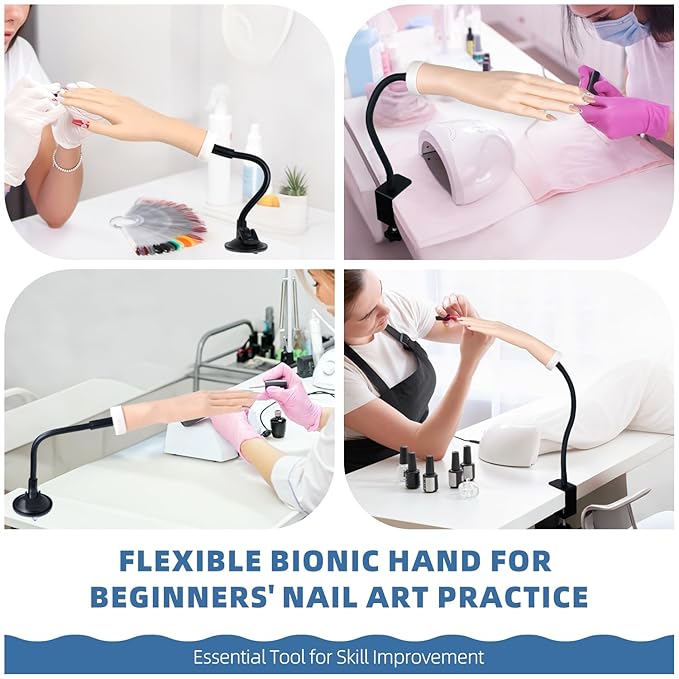 Practice Hand for Acrylic Nails, Flexible Bendable Fake Hand with Adjustable Stand, Nail Training Kit Mannequin Hand for Beginners & Nail Artists (Clamp Stand)
