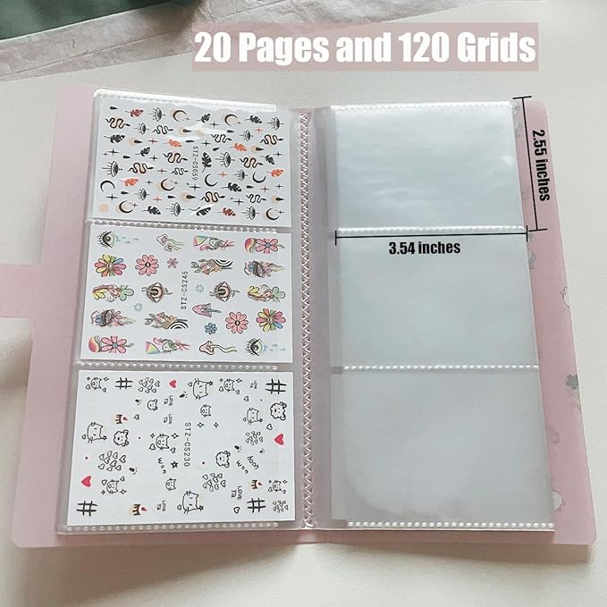 Zoance Brand Nail Art Sticker Storage Book, 1 Pack 120 Slot, Plastic, Water Resistant, Cartoon Design, Indoor Use, 1 Album with 20 Pages and 120 Grids