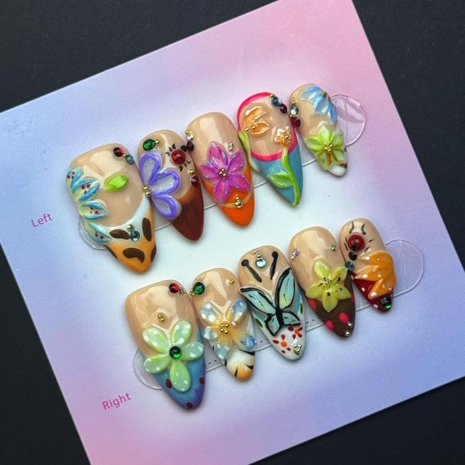 100% Handmade Press on Nails Colorful Flower Medium Almond Fake Nails with 5D Butterfly Design French tip Glue on Nails Floral False Nail Reusable Handmade Nail for Women Manicure Size L