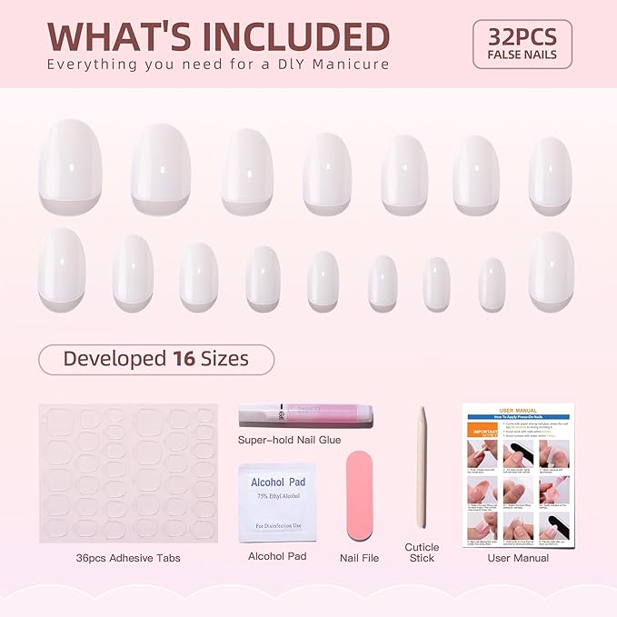 RTKHFZE Press On Nails Short - White Soft Gel Oval Almond Shape Fake Nails Kit with Glue, Fit Perfectly, Reusable in 16 Sizes - 32Pcs