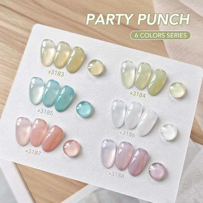 GAOY Jelly Green Spring Summer Gel Nail Polish Set, 6 Transparent Colors Sheer White Blue, Soak Off UV Light Cure Gel Polish Kit for Nail Art DIY at Home