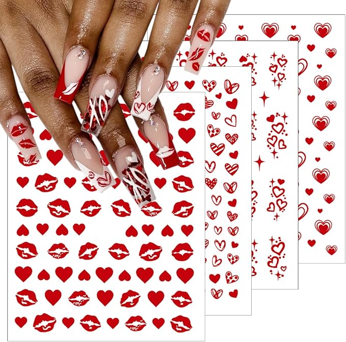 8 Sheets Red Heart Nail Art Stickers Romantic Valentines Nail Stickers 3D Self-Adhesive Love Lips Crown Nail Design Decals French Tip Nails Art Supplies for Women Holiday Decor Valentine Manicure Set