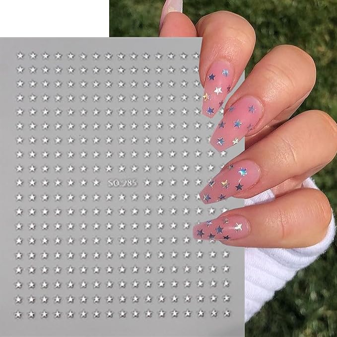 6 Sheets Mini Star Nail Art Stickers for Acrylic Nails 3D Self-Adhesive Sparkling Colorful Stars Nail Art Decals with Small Five-Pointed Star Design Nail Sticker for Women DIY Manicure Decor Supplies