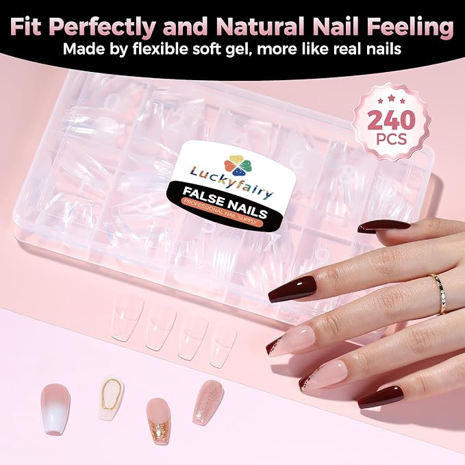 Medium Gel Coffin Nail Tips, 240pcs Soft Gel Pre-Shaped Acrylic Fake Nails, Half Matte Full Cover Clear Press on Flase Nail Tips for Extension Nail Manicure Home DIY 12 Sizes Gelly Tips