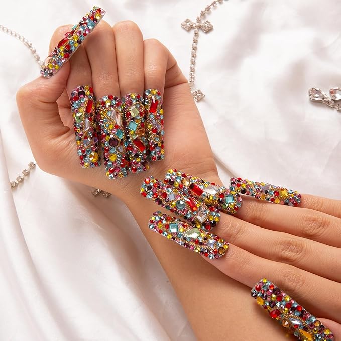 LOVFUL Press on Nails Precious | Handmade with Full Covered Crystals | Reusable Fake Nails | Square Mid length 1.7in | H175-S