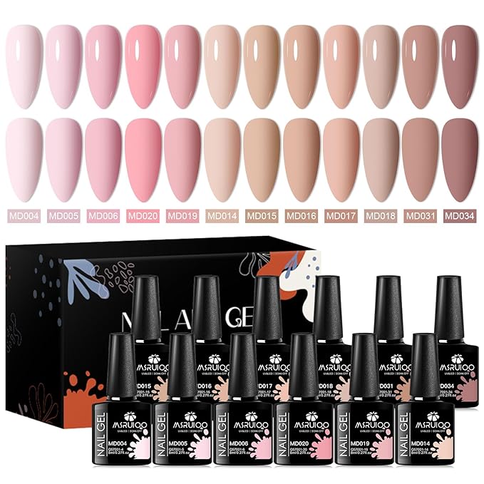 Gel Nail Polish Kit Spring Nude Gel Polish Set 12 Colors Pink Skin Tones Collection Neutral Brown Soak Off Uv Led Lamp Gel Nail Kit DIY Nail Art Salon Home Gift 8ml