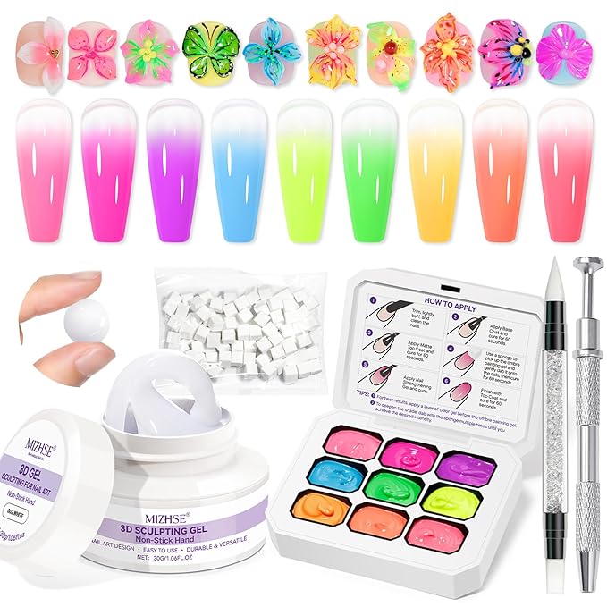 MIZHSE White 3D Sculpting Nail Gel and 9 Colors Patting Gel Polish Kit，3D Gel Nail Art Ombre Soak Off U V LED Painting Gel Set with Sponges, for Home & Salon Use