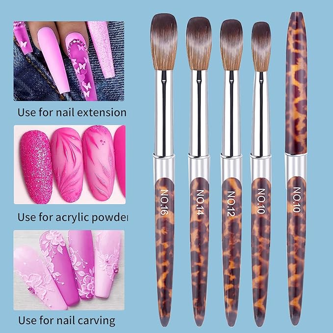 4PCS Professional Acrylic Nail Brush Set - Size 10/12/14/16 Brushes for Acrylic Powder Application, 3D Carving & Nail Art Extension, Leopard Print Handle Nail Tools for DIY Salon Manicure