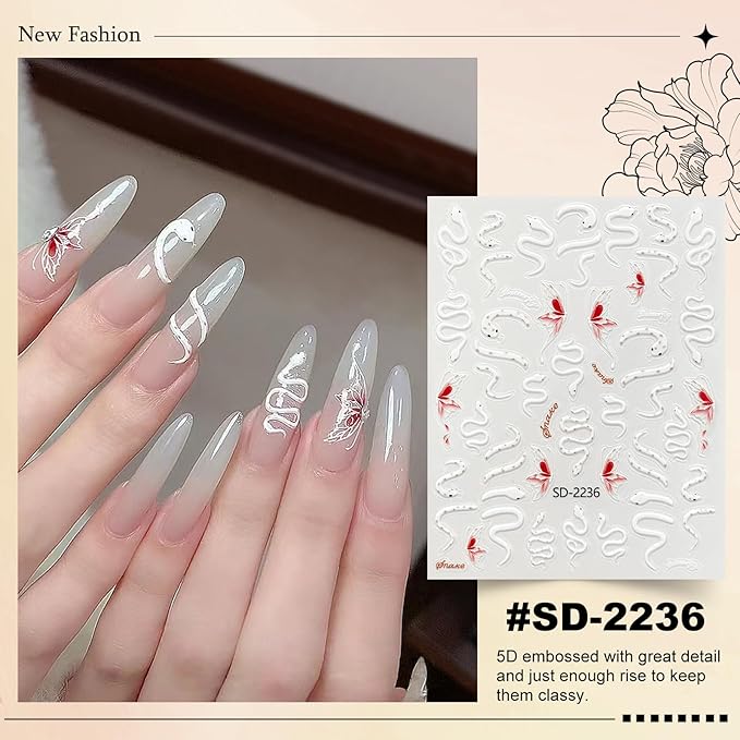 3 Sheets Snake Nail Art Stickers 3D Self-Adhesive Snake Sun Star Pattern Decals Starlight Nail Design Stickers Supplies for Women Girls Manicure Art Decoration 931-17